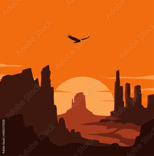 Majestic eagle soars over desert mesas at vibrant sunset