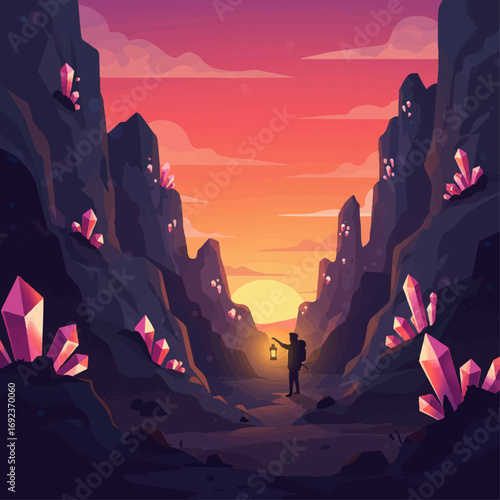 Adventurer explores crystal cave at sunset with lantern