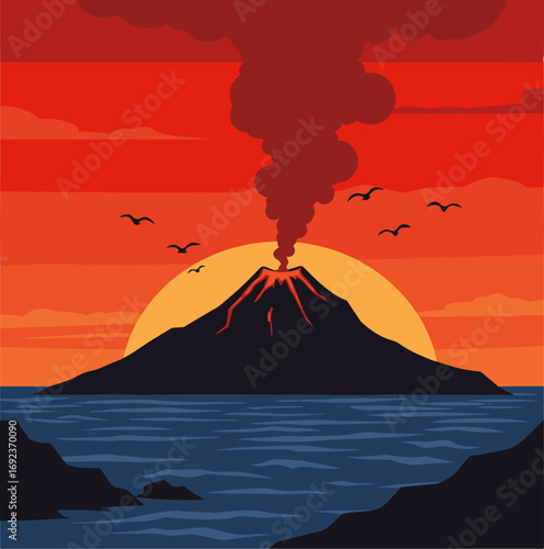 Volcano erupting dramatically at sunset over calm ocean waters