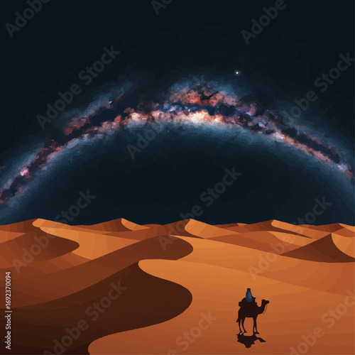 Lone traveler journeys by camel across vast desert dunes under the Milky Way