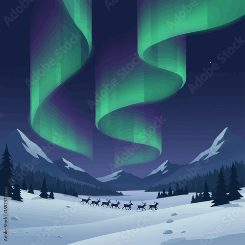 Majestic aurora borealis dances over snowy mountains with reindeer herd