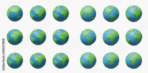 Multiple identical 3D rendered Earth globes depicting continents and oceans arranged on a transparent background.