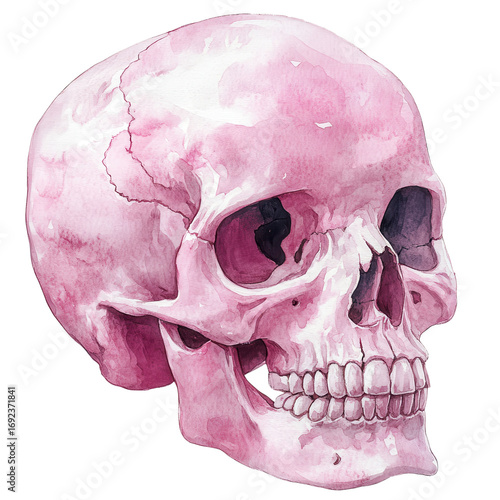 Pink watercolor skull art on transparent background