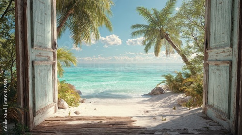 Tropical Beach Paradise View Through Open Doors.