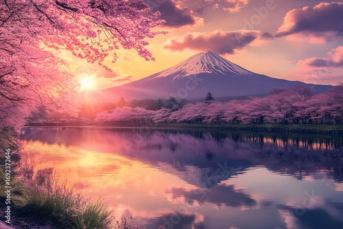 Majestic mount fuji reflecting in lake under vibrant sakura blossoms at dawn