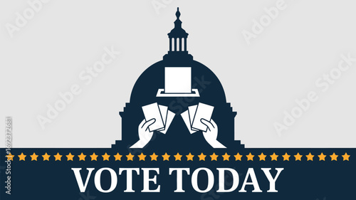 Illustration of voting with hands holding ballots and a building silhouette and vote today message