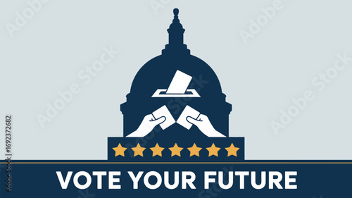 Illustration of voting with ballot box, hands and capitol building, promoting civic engagement