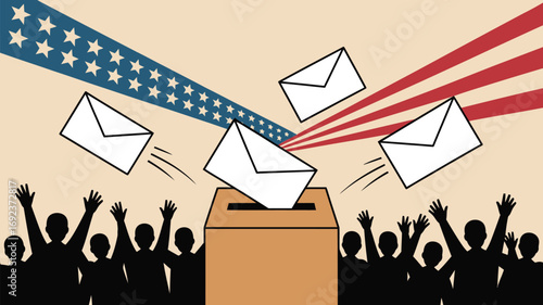 Mail in ballots being deposited into a ballot box with cheering crowds and american flag design above