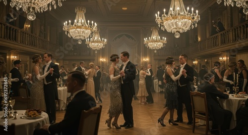Elegant couples dancing at formal vintage gala under chandeliers