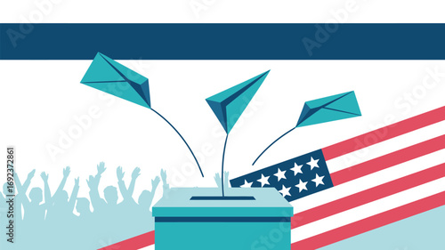 Illustration of ballot box with paper airplanes and american flag and cheering crowd in background