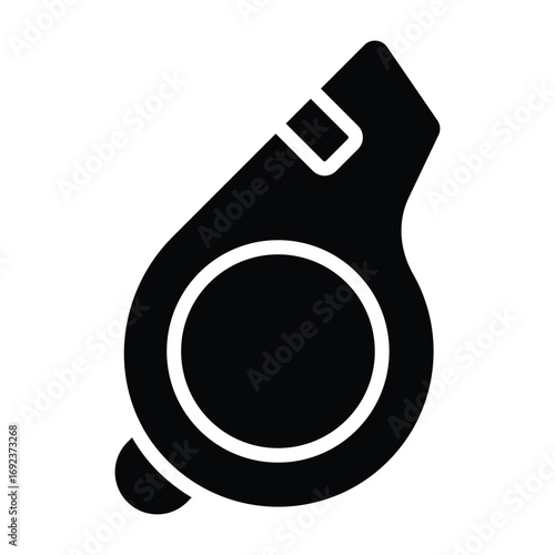 Black and white minimalist illustration of a sports referee whistle. Clean design, suitable for competition, coaching, referee, training, and team management themes.