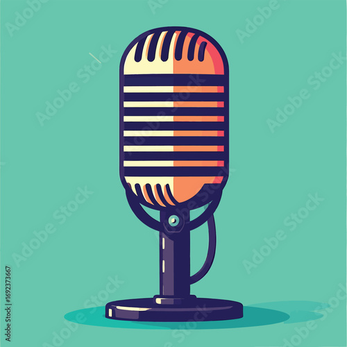 Vintage microphone illustration on a teal background for audio recording.