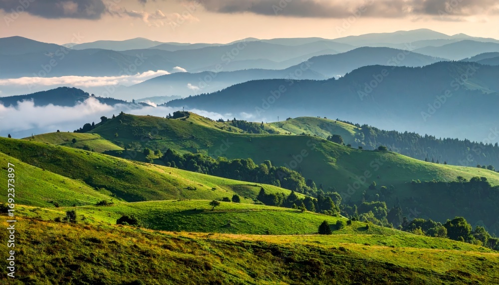 Fototapeta premium Green rolling hills under misty mountains