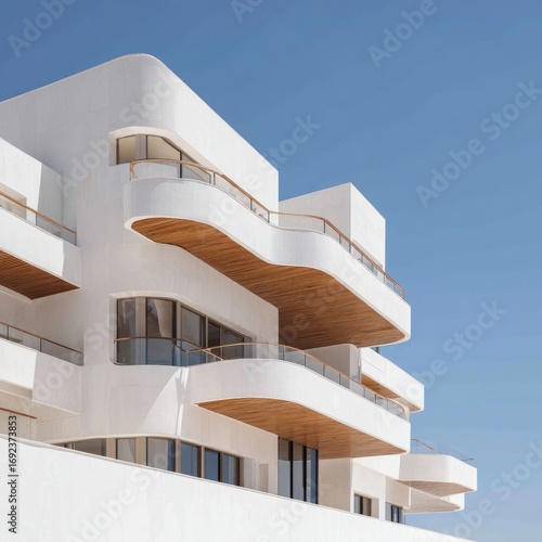 Clean white and sand-colored residence under midday sun