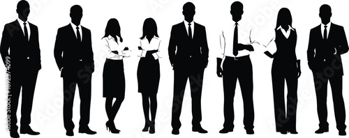 Group of professional business people standing confidently in formal suits and office attire, corporate team vector illustration concept.