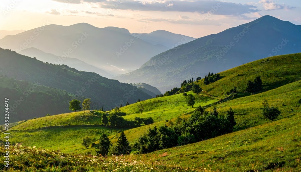 Obraz premium Green rolling hills under misty mountains
