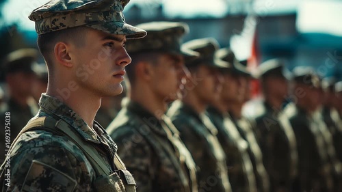 United States Marines Standing in Formation: Portrait of a Young Marine in Camouflage Uniform, Military Parade, Honor Guard.