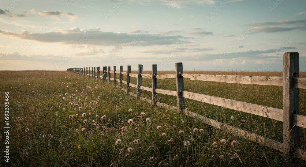 Obraz premium Wooden fence line cuts across a wild grassy field at dusk.