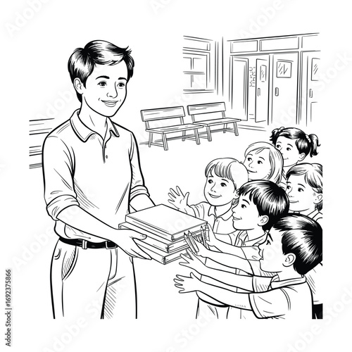 Teacher distributes books to eager students creating a joyful learning environment white background
