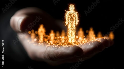 Guiding Growth: A hand cradles a constellation of figures, one radiant leader, suggesting mentorship and the nurture of potential.