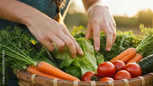 Arranging Fresh Vegetables in Basket at Golden Hour Close Up