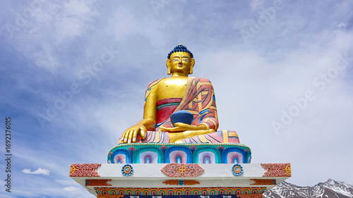 View of Langza Buddha Statue, it was Constructed in 1989 by the 14th Dalai Lama, Langza, Lahaul Sipti, Himachal Pradesh, India.