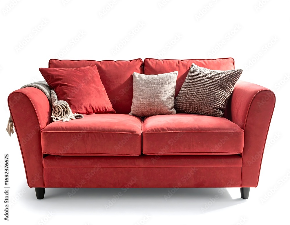 Fototapeta premium Red sofa with throw pillows and blanket
