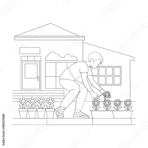 Gardener working on outdoor plants in front of a house white background