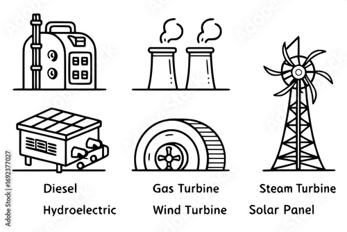 "Simple black line illustrations of six generator types, each isolated: diesel, gas turbine, steam turbine, hydroelectric, wind turbine, and solar panel. Uniform line thickness, pure white background,