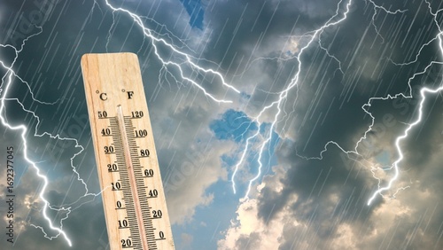 Thermometer with high temperature against the background of pitch black sky and lightning strikes. Storm concept. Extreme weather. Weather changes. Effects of global warming