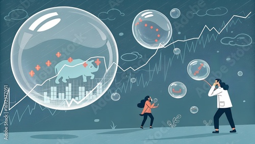 AI Bubble risk and Economic technology bubbles fear and Artificial intelligence overhyped Stock market speculation and overvalued technologies economy as inflated speculative valuation of Tech.