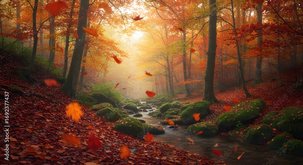 Naklejka premium Las hojas de arce del bosque de otoño caen sobre el suelo, el fondo de pantalla de fondo, la IA generativa