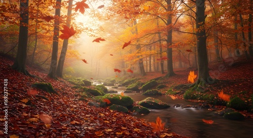 Las hojas de arce del bosque de otoño caen sobre el suelo, el fondo de pantalla de fondo, la IA generativa