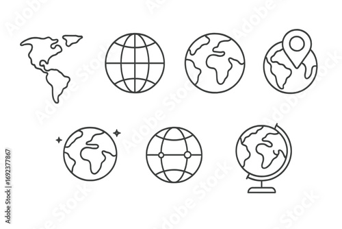 Outline globe icons set representing different world maps and earth concepts