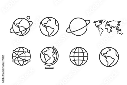 Set of eight simple globe and world map line icons
