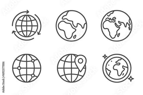 Simple globe icons: earth, network, location, navigation symbols