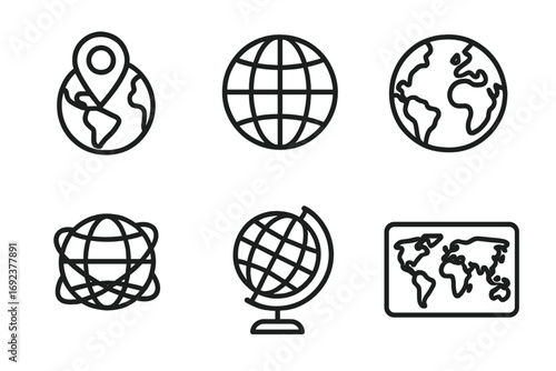 Set of globe and world map icons in minimalist line art style