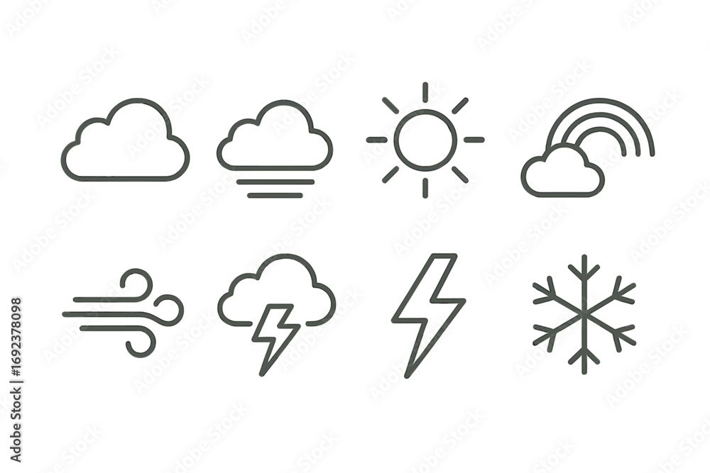 Fototapeta premium Minimal weather icons: cloud, sun, rainbow, wind, thunder, snowflake