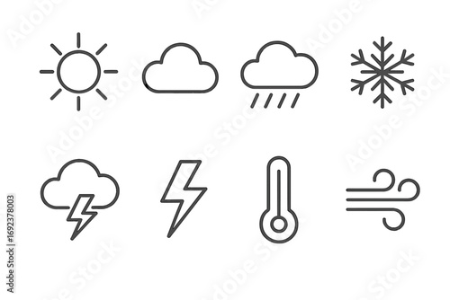 Weather icons: sun, cloud, rain, snowflake, thunderstorm, lightning, thermometer, wind symbol