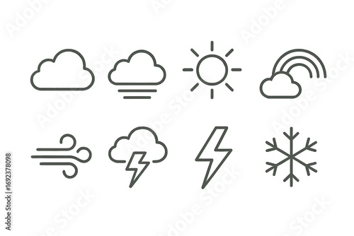 Minimal weather icons: cloud, sun, rainbow, wind, thunder, snowflake