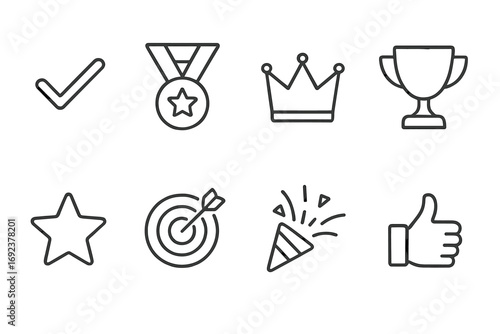 Outline icons: checkmark, medal, crown, trophy, star, target, party horn, thumbs up