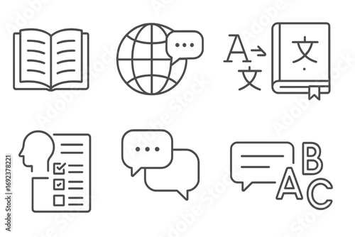 Minimalist icon set: language translation, communication, global interaction, book, checklist, conversation bubbles