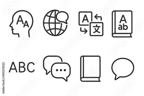 Language learning icons: translation, communication, and global interaction