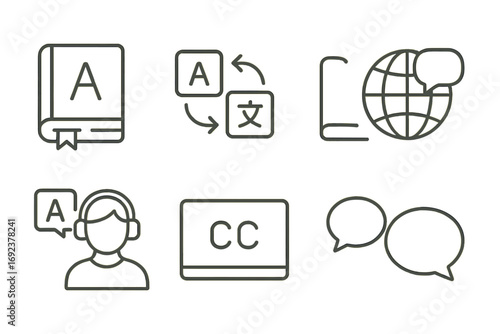 Language learning icons: translation, subtitles, communication, and global interaction