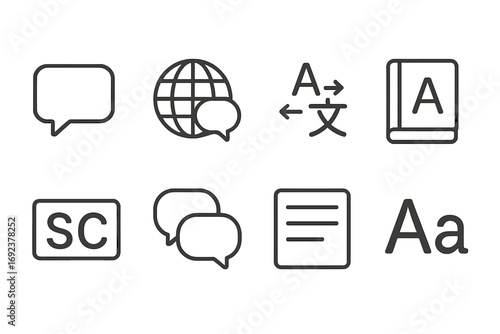 Vector icons set: speech bubbles, translation, text, and language symbols