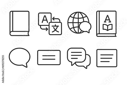 Translation icon set featuring book, speech bubble, and globe symbols