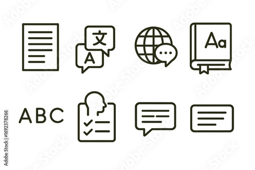 Language and communication icons featuring translation, speech, and global connectivity