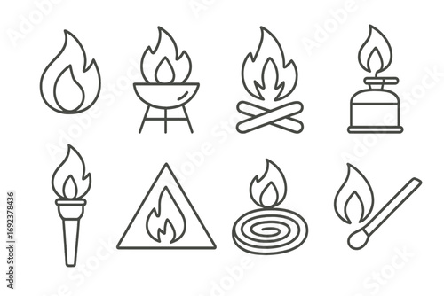 Collection of fire icons: torch, campfire, barbecue, matchstick, gas burner