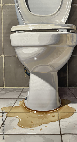 Toilet bowl leaking water onto floor in bathroom environment  
