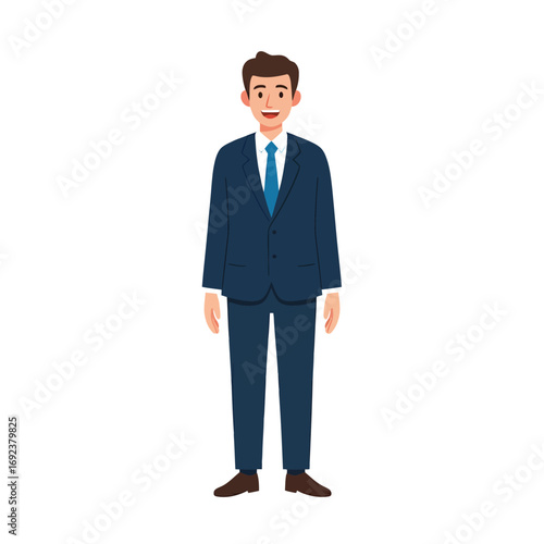 Smiling cartoon man in a formal blue business suit, portraying professionalism and a friendly corporate image, ideal for showcasing reliable and approachable corporate identity